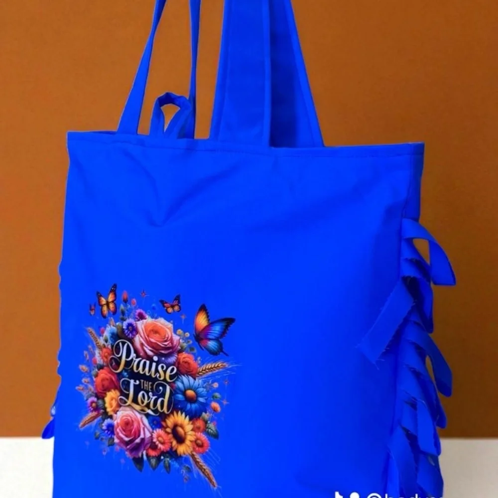 Vibrant Blue Tote Bag with Floral Embroidery